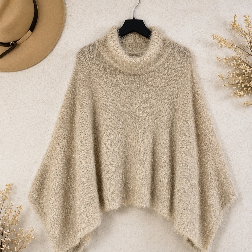 Anthropologie Akemi + Kin Lara Eyelash‎ Poncho Cream Gold Turtleneck Sweater OS